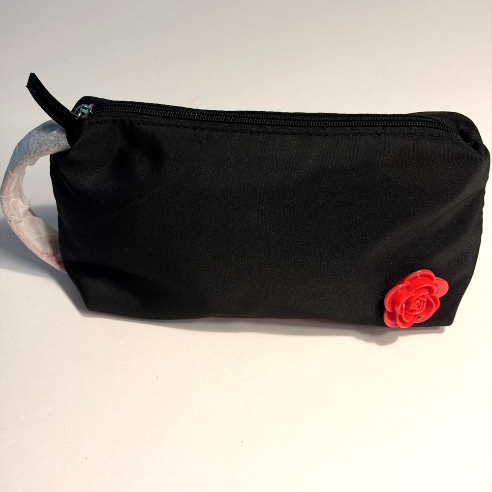 NWOT Lancôme Black Cosmetic Pouch with Red Flower Accent
